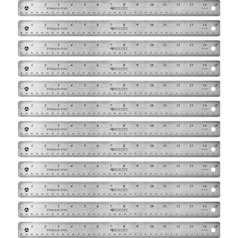 Westcott Rulers, 15"L, Stainless Steel, Nonslip Cork Back, 12/BX, Silver (ACM10416BX) Box of 12