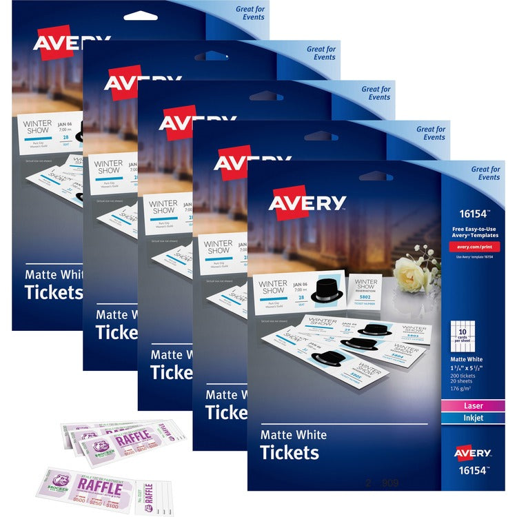 Avery&reg; Printable Tickets, Microperf, w/stubs, 1-3/4"x5-1/2", 1000/CT, White (AVE16154CT)