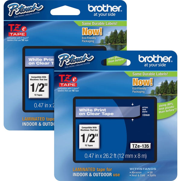 Brother P-touch TZe Laminated Tape Cartridges, 1/2", 2/BD, White/Clear (BRTTZE135BD)