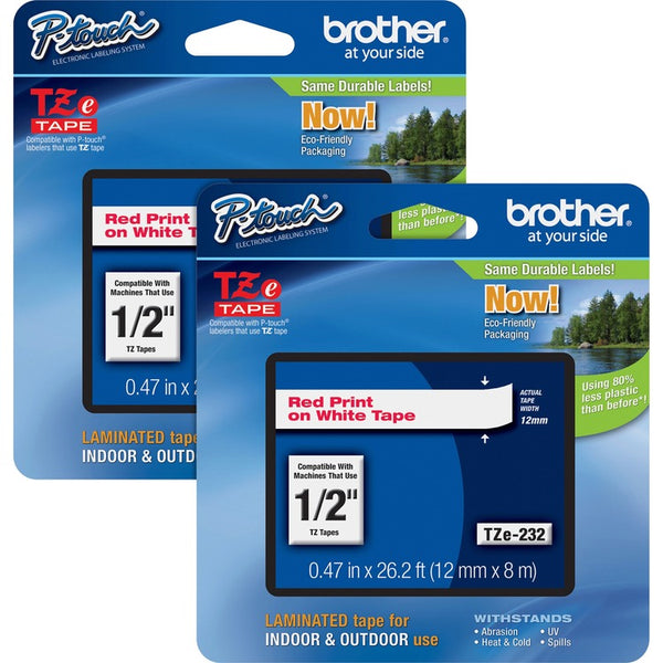 Brother P-touch TZe Laminated Tape Cartridges, 1/2", 2/BD, RD/White (BRTTZE232BD)