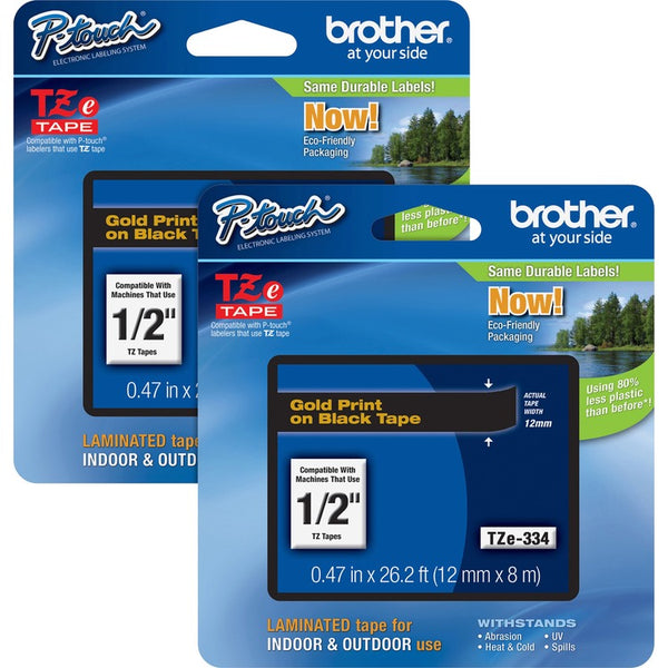 Brother P-touch TZe Laminated Tape Cartridges, 1/2", 2/BD, Gold/Black (BRTTZE334BD)