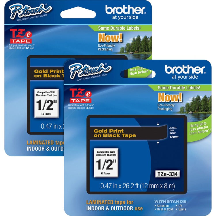 Brother P-touch TZe Laminated Tape Cartridges, 1/2", 2/BD, Gold/Black (BRTTZE334BD) Pack of 2