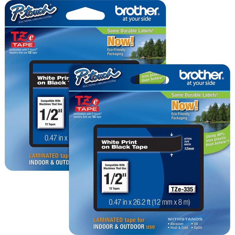 Brother P-touch TZe Laminated Tape Cartridges, 1/2", 2/BD, White/Black (BRTTZE335BD)