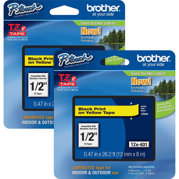 Brother P-touch TZe Laminated Tape Cartridges, 1/2", 2/BD, Black/Yellow (BRTTZE631BD)