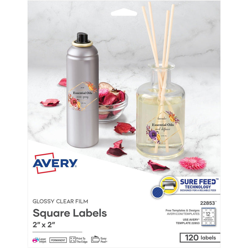 Avery&reg; Square Labels, 12/sheet, Laser/Inkjet, 2" x 2", 120/PK, Glossy Clear (AVE22853)