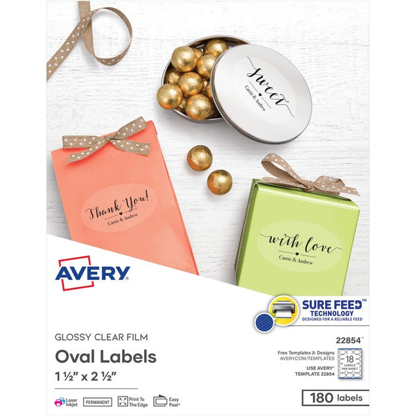 Avery&reg; Oval Labels , 10/sheet, Laser/Inkjet, 1-1/2" x 2-1/2", 180/PK, Glossy Clear (AVE22854)