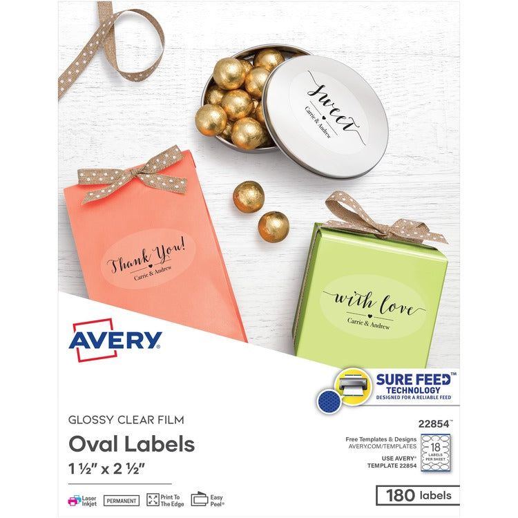 Avery&reg; Oval Labels , 10/sheet, Laser/Inkjet, 1-1/2" x 2-1/2", 180/PK, Glossy Clear (AVE22854) Pack of 180