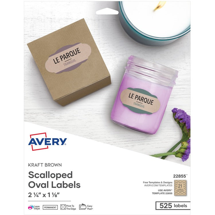 Avery&reg; Oval Labels, Scallop, 21/sheet, 2-1/4" x 1-1/8", 525/PK, Kraft Brown (AVE22855) Pack of 525