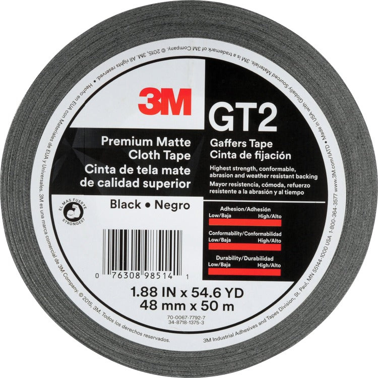 3M Gaffers Cloth Tape, 1-9/10" x 163-4/5', 11 mil, Black (MMMGT2) Each