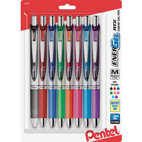 Pentel Gel Pen, Retractable, Metal Tip, .7mm, 8/PK, Assorted Barrel/Ink (PENBL77BP8M)