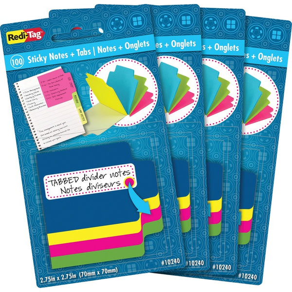 Redi-Tag Sticky Notes with Tabs, 4"Wx4"Lx2"H, 4/PK, Multi (RTG10247) Pack of 4