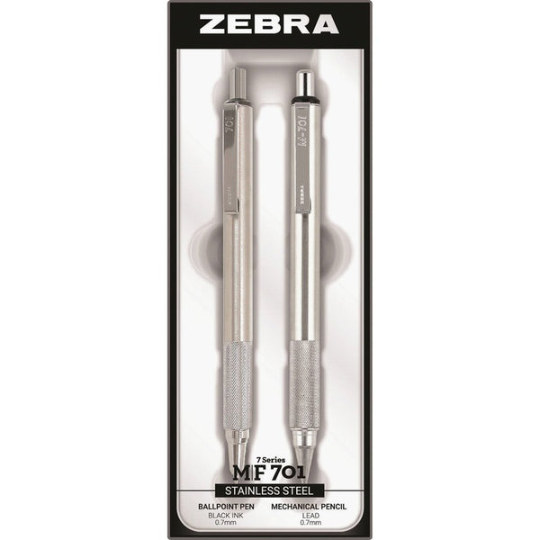 Zebra Pen and Pencil Set, Refillable, 0.7mm Point Size, 2/ST, Stainless Steel (ZEB10519)