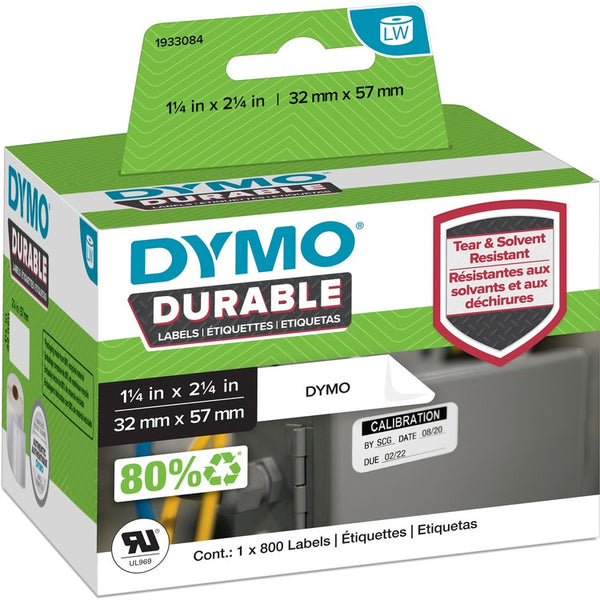 Dymo LW Durable 2-1/4" x 1-1/4" (57mm x 32mm) White Poly, 800 labels, 2 1/4" x 1 17/64" Length, Rectangle, White, Plastic, (DYM1933084)