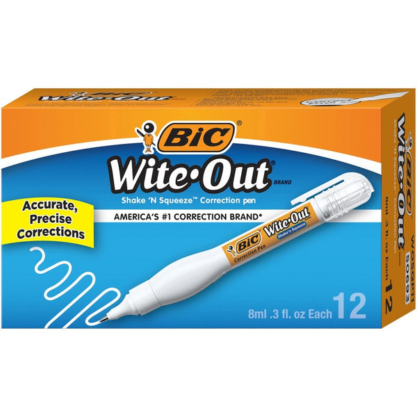 Wite-Out Correction Pen, Fast Drying, Needle-point Tip, 8ml, 12/BX, White (BICWOSQP11BX) Box of 12