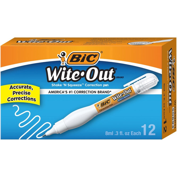 Wite-Out Correction Pen, Fast Drying, Needle-point Tip, 8ml, 12/BX, White (BICWOSQP11BX) Box of 12