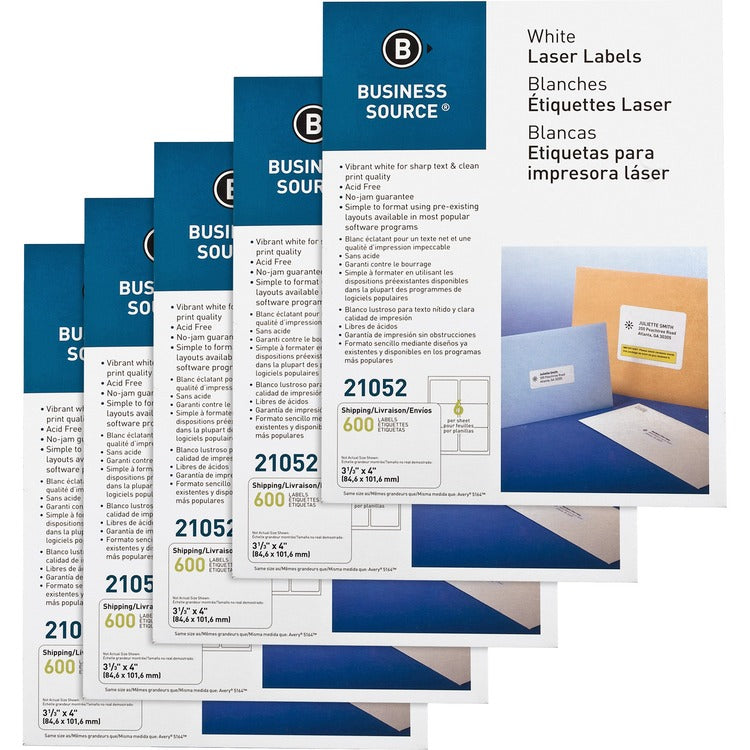 Business Source Mailing Labels, Laser, 3-1/3" x 4", 3000/CT, White (BSN21052CT) Case of 3000