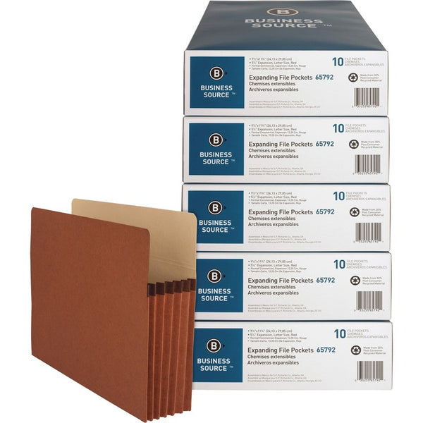 Business Source File Pockets, 5-1/4" Exp., Letter, 50/CT, Redrope (BSN65792CT) Case of 50