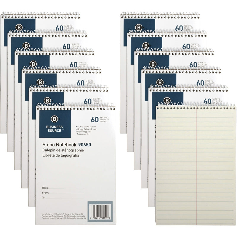 Business Source Steno Notebooks, Gregg Ruled, 60 Sheets, 6" x 9", 12/PK, Green (BSN90650PK) Pack of 12