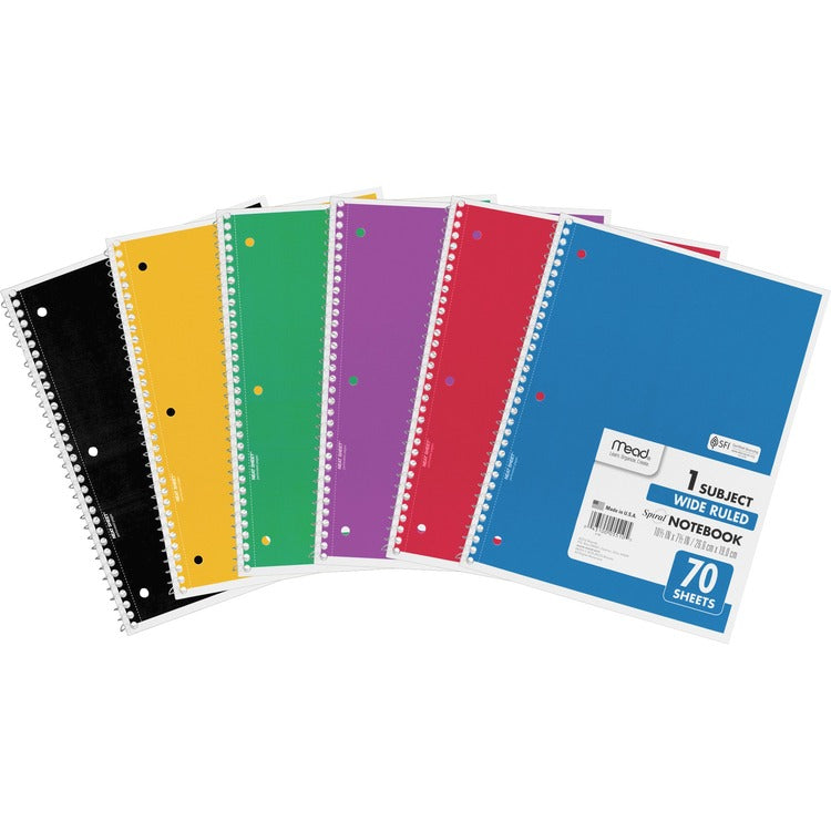 Mead Notebooks, 1-Subject, Wide Rule, 70 Sheet, 10-1/2" x 8", 6/BD, Assorted (MEA05510BD)