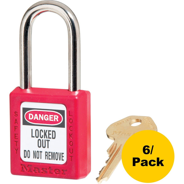Master Lock Safety Padlock, Labeled, 1/4"Dx1-1/2"H Shackle, 6/PK, Red (MLK410REDPK) Pack of 6