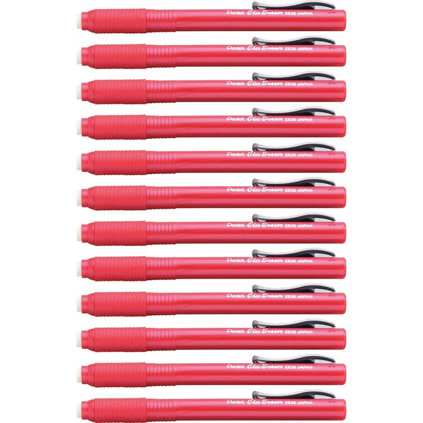 Pentel Clic Retractable Erasers, Refillable, 12/BX, Red Barrel (PENZE22BBX)