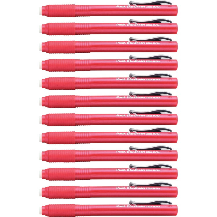 Pentel Clic Retractable Erasers, Refillable, 12/BX, Red Barrel (PENZE22BBX) Box of 12