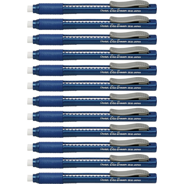 Pentel Clic Retractable Erasers, Refillable, 12/BX, Blue Barrel (PENZE22CBX)