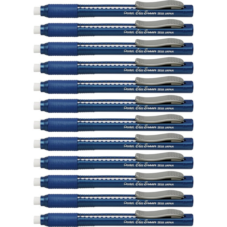 Pentel Clic Retractable Erasers, Refillable, 12/BX, Blue Barrel (PENZE22CBX) Box of 12