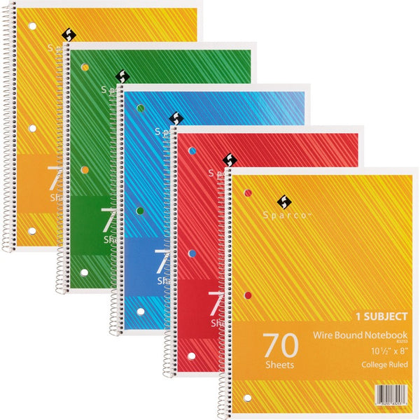 Sparco Notebooks, 1 Subject, 10-1/2" x 8", College Ruled, 70 Sheet, 5/BD, Assorted (SPR83253BD)