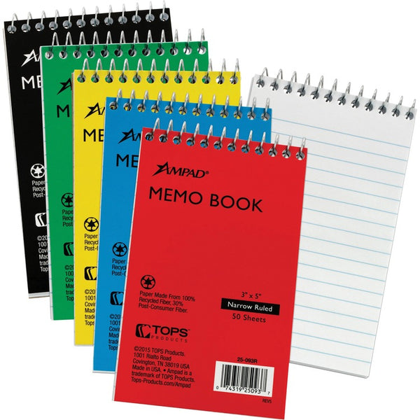 Ampad Memo Notebooks, Top Spiral, Narrow Ruled, 50 Sheets, 3" x 5", 5/BD, Assorted (TOP25093BD) Pack of 5