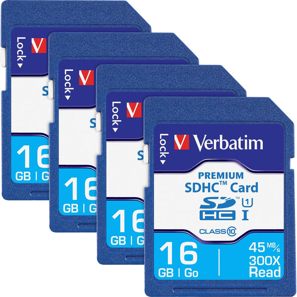 Verbatim SDHC Cards, 6 Hours, Speed Class 10, 16GB, 4/BX (VER96808BX) Box of 4