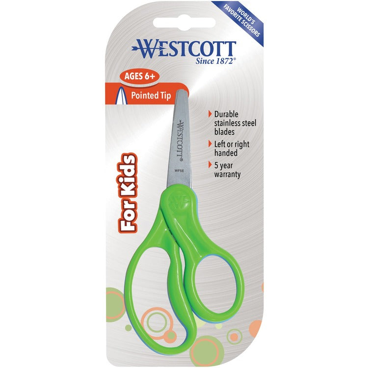 Westcott For Kids Scissors, 5" Length, 1 3/4" Cut, Pointed,Blue/Green/Pink/Yellow,30/Pack (ACM16657) Pack of 30