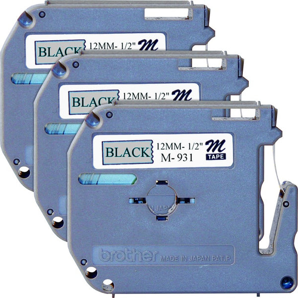 Brother Labeling Tape, Nonlaminated, 1/2" Size, 3/BD, Black/Silver (BRTM931BD)