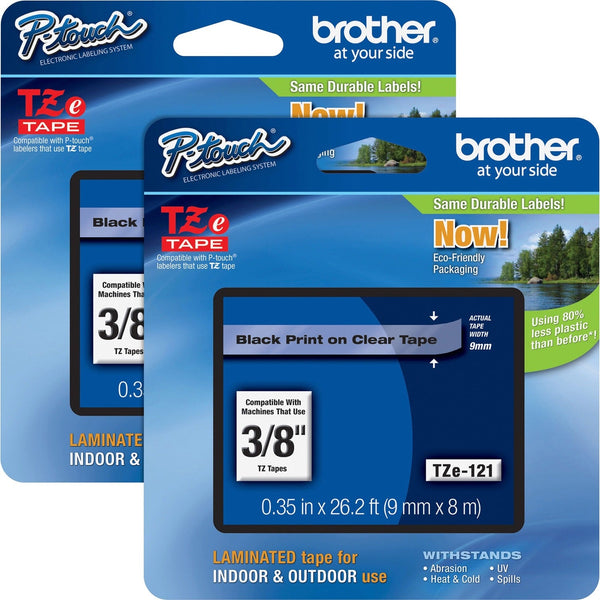 Brother Tape Cartridge, Laminated, f/P-Touch 8m, 3/8", 2/BD, Black/CL (BRTTZE121BD)