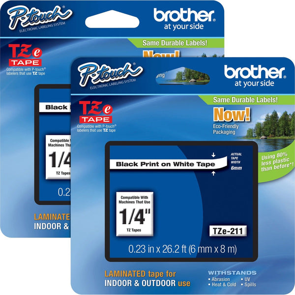 Brother Tape Cartridge, Laminated, f/P-Touch 8m, 1/4", 2/BD, Black/WE (BRTTZE211BD)