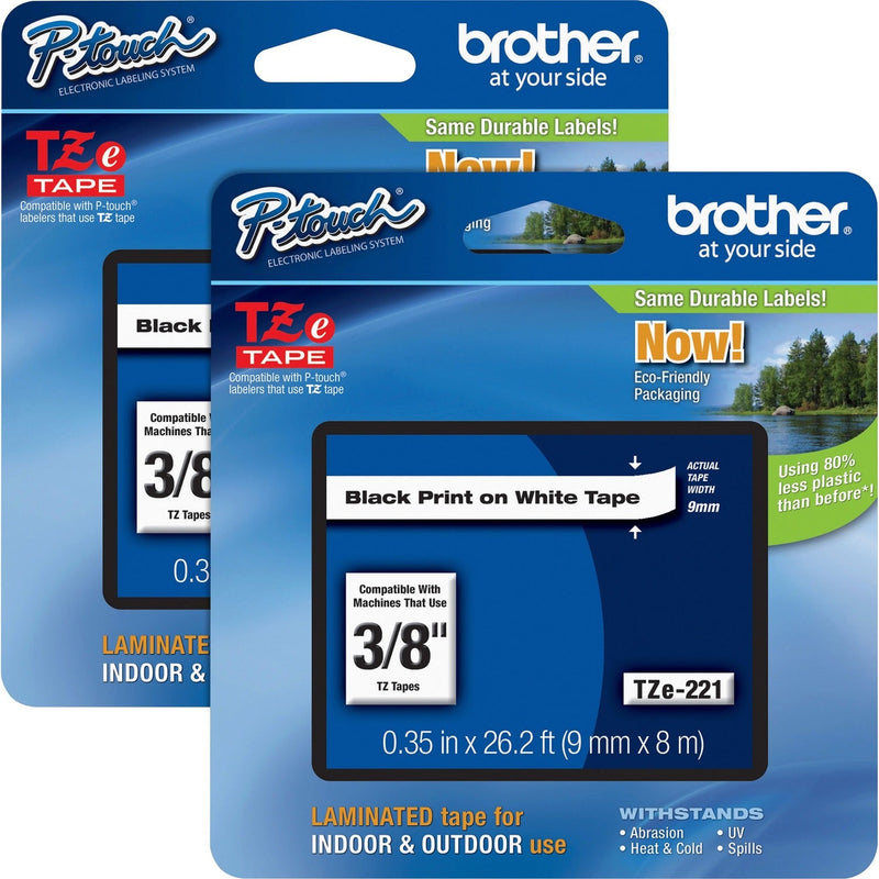 Brother Tape Cartridge, Laminated, f/P-Touch 8m, 3/8", 2/BD, Black/WE (BRTTZE221BD)