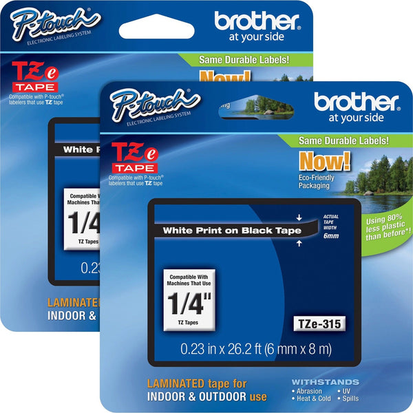 Brother Tape Cartridge, Laminated, f/P-Touch 8m, 1/4", 2/BD, WE/Black (BRTTZE315BD)