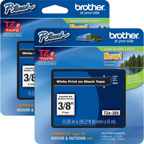 Brother Tape Cartridge, Laminated, f/P-Touch 8m, 3/8", 2/BD, WE/Black (BRTTZE325BD)