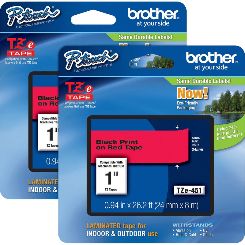 Brother Tape Cartridge, Laminated, f/P-Touch 8m, 1", 2/BD, Black/Red (BRTTZE451BD)