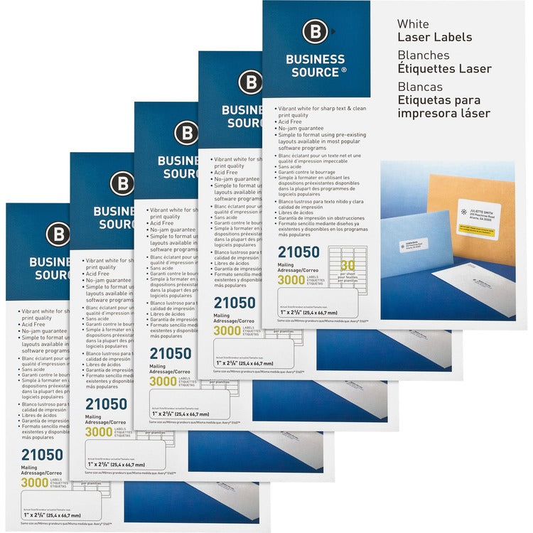 Business Source Mailing Labels, Laser/Injket, 1"x2-5/8", 15000/CT, White (BSN21050CT) Case of 15000