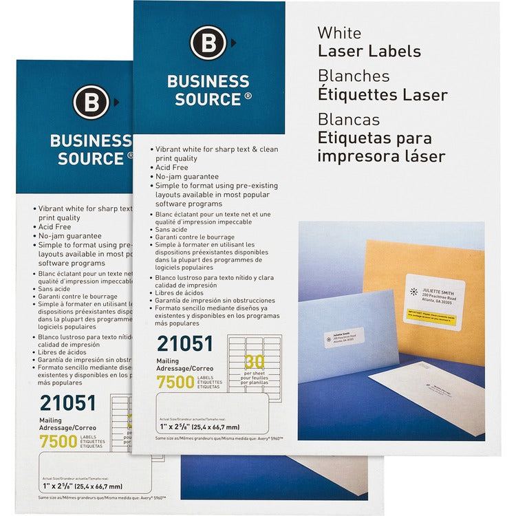 Business Source Mailing Labels, Laser/Inkjet, 1"x2-5/8", 15000/CT, White (BSN21051CT) Case of 15000