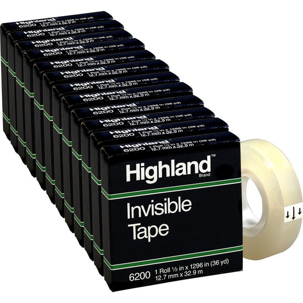 Highland Invisible Tape, 1" Core, 1/2"x1296", 12 Rolls.BX, Clear (MMM6200121296BX) Box of 12