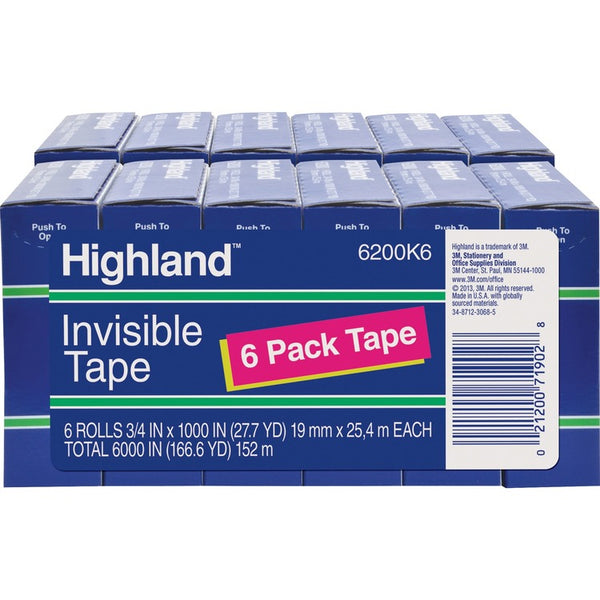 Highland Invisible Tape, 1" Core, 3/4"x1000", 12 Rolls/BD, Clear (MMM6200341000BD) Pack of 12