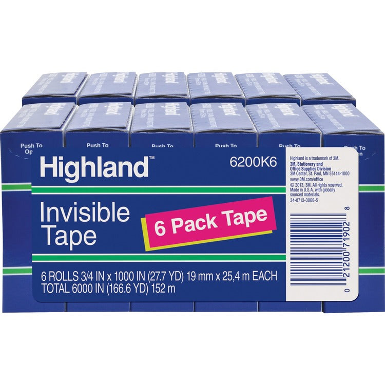 Highland Invisible Tape, 1" Core, 3/4"x1000", 12 Rolls/BD, Clear (MMM6200341000BD) Pack of 12