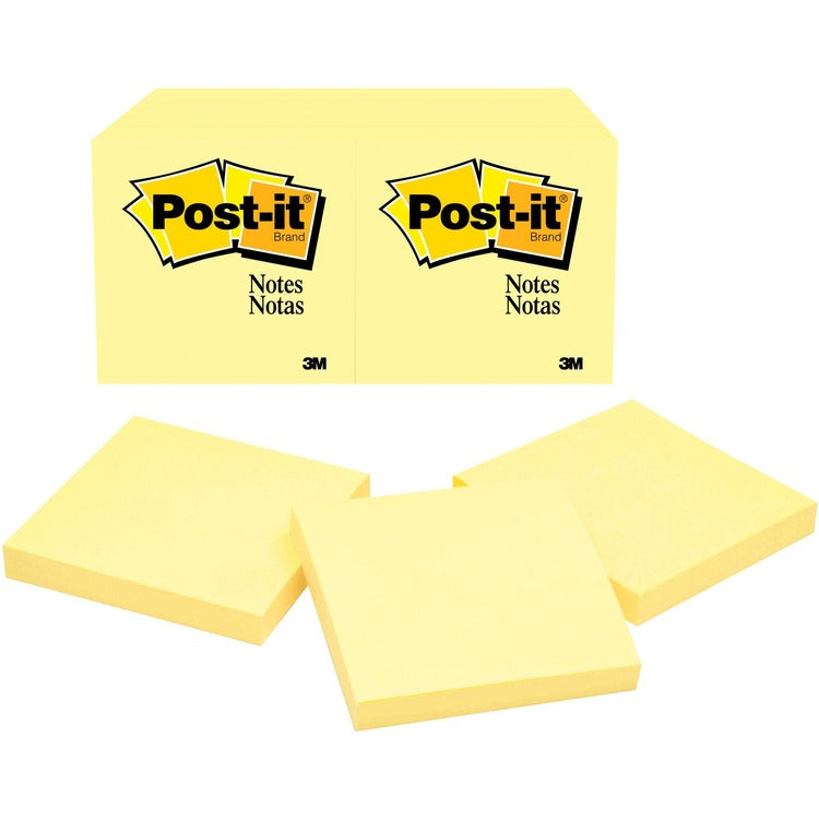 Post-it&reg; Original Pads, 3"x3", 100/SH/PD, 24/BD, Canary (MMM654YWBD) Pack of 24