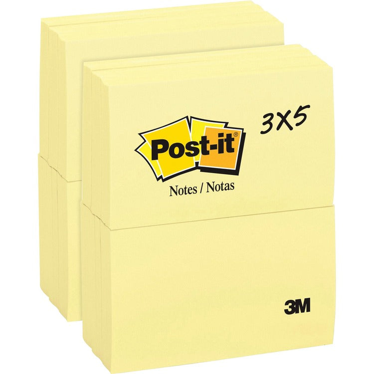 Post-it&reg; Original Pads, 3"x5", 100 SH/PD, 24/BD, Canary (MMM655YWBD) Pack of 24