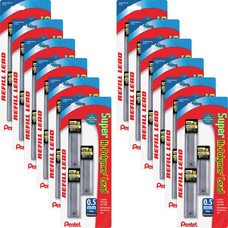 Pentel Hi-Polymer Lead, 0.5 mm, HB, Fine, 30/TB, 36 Tubes/BX, Black (PENC25BPHB3K6BX) Box of 36