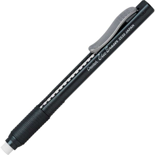 Pentel Clic Erasers, Retractable, Pocket Clip, 12/BX, Black Barrel (PENZE22ABX)