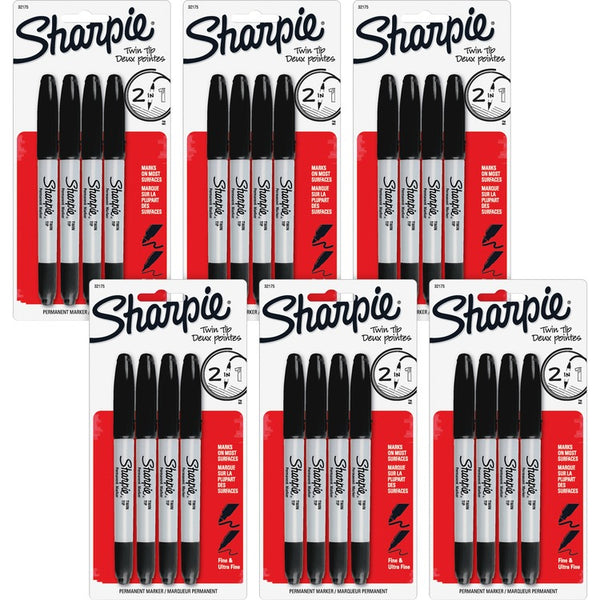 Sharpie Permanent Markers, Twin Tip, Fine/Ultra Fine Point, 24/BG, Black (SAN32175PPBG)