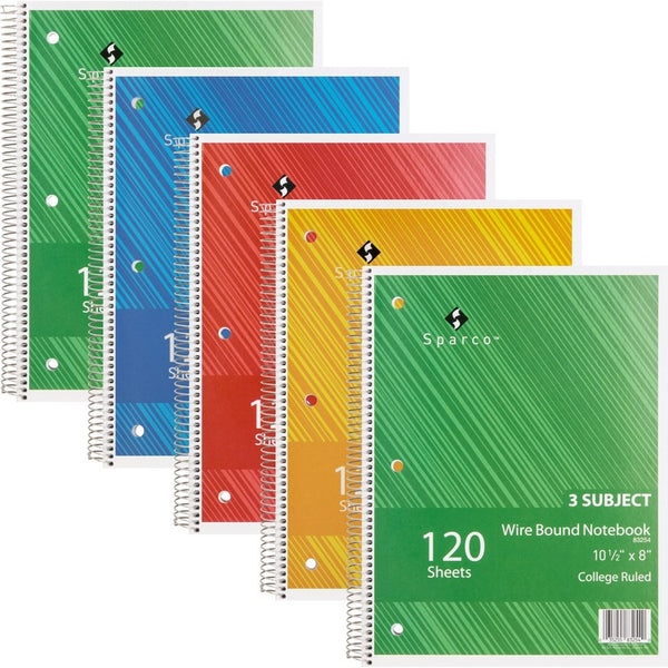 Sparco Notebook, 3 Subject, 10-1/2"x8", College Ruled, 120 Sheet, 5/BD, AST (SPR83254BD)